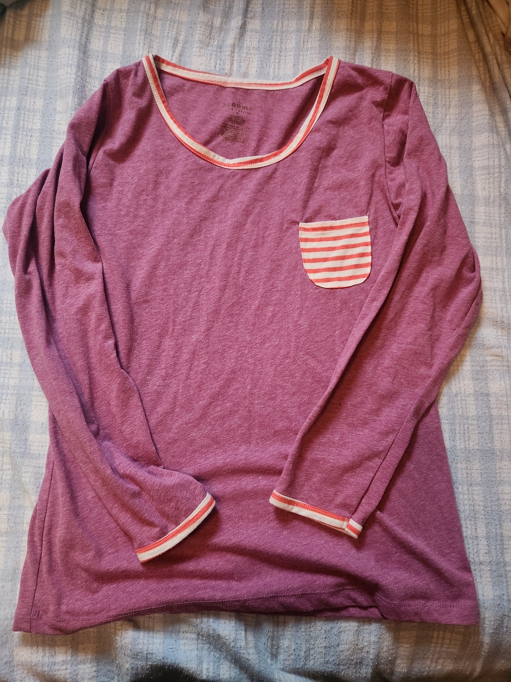 Sonoma Girls' Long Sleeve Pocket Tee in Plum with Coral-Striped Trim